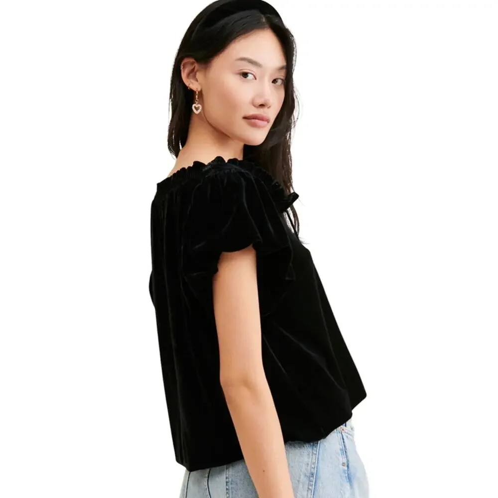 Free People Terese Black Velvet Babydoll Puff Sleeve Top, Romantic, Size Large